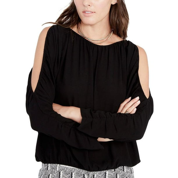 Kensie Womens Black Cold Shoulder Ruffled Casual Blouse Top L Kensie Womens Black Cold Shoulder Ruffled Casual Blouse Top L